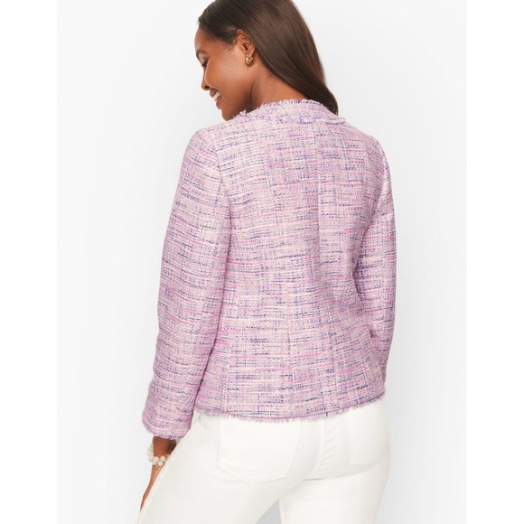 Talbots Women's Pink Blooming Tweed Jacket Pockets Lined Fringe Size 16W - Picture 2 of 4